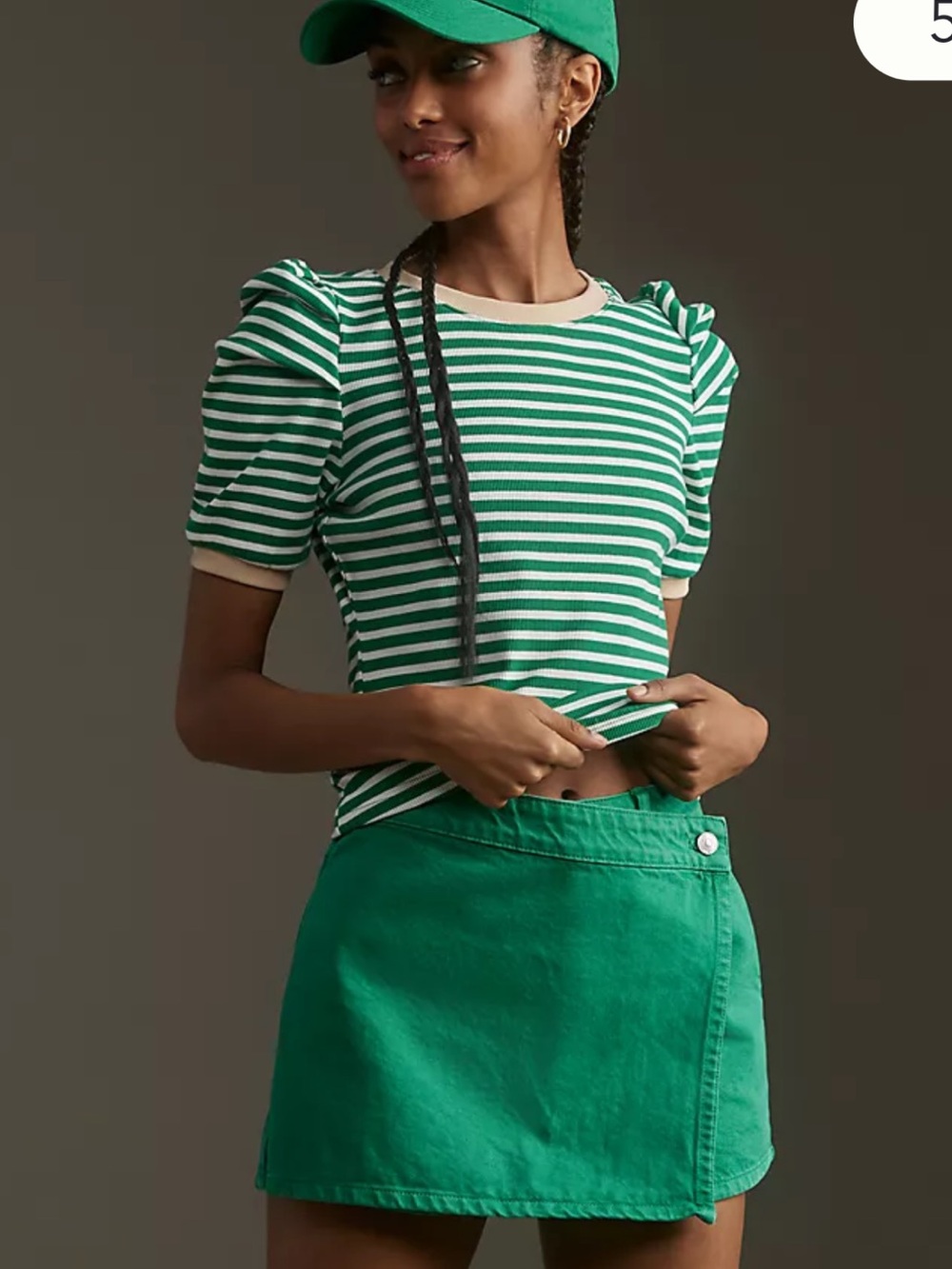 Maeve Anthropologie Green and White Striped puff sleeve Ribbed Top